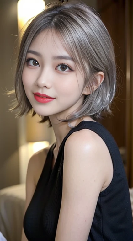 blush a little and smile, (Top quality masterpiece:1.2) Delicate illustrations, Very detailed, /Beautiful Japanese Women、1 person,Very cute and slim、Great style 、((8k images、super high quality))、Very delicate face, Skin and Hair、Big Breasts、beautifule forehead、Red lipstick、(((((short hair、Silver Hair、lure))))),Very cute Japanese cut face、Eyes and nose are clearly visible、Kind eyes,((((Black sleeveless fashion))))