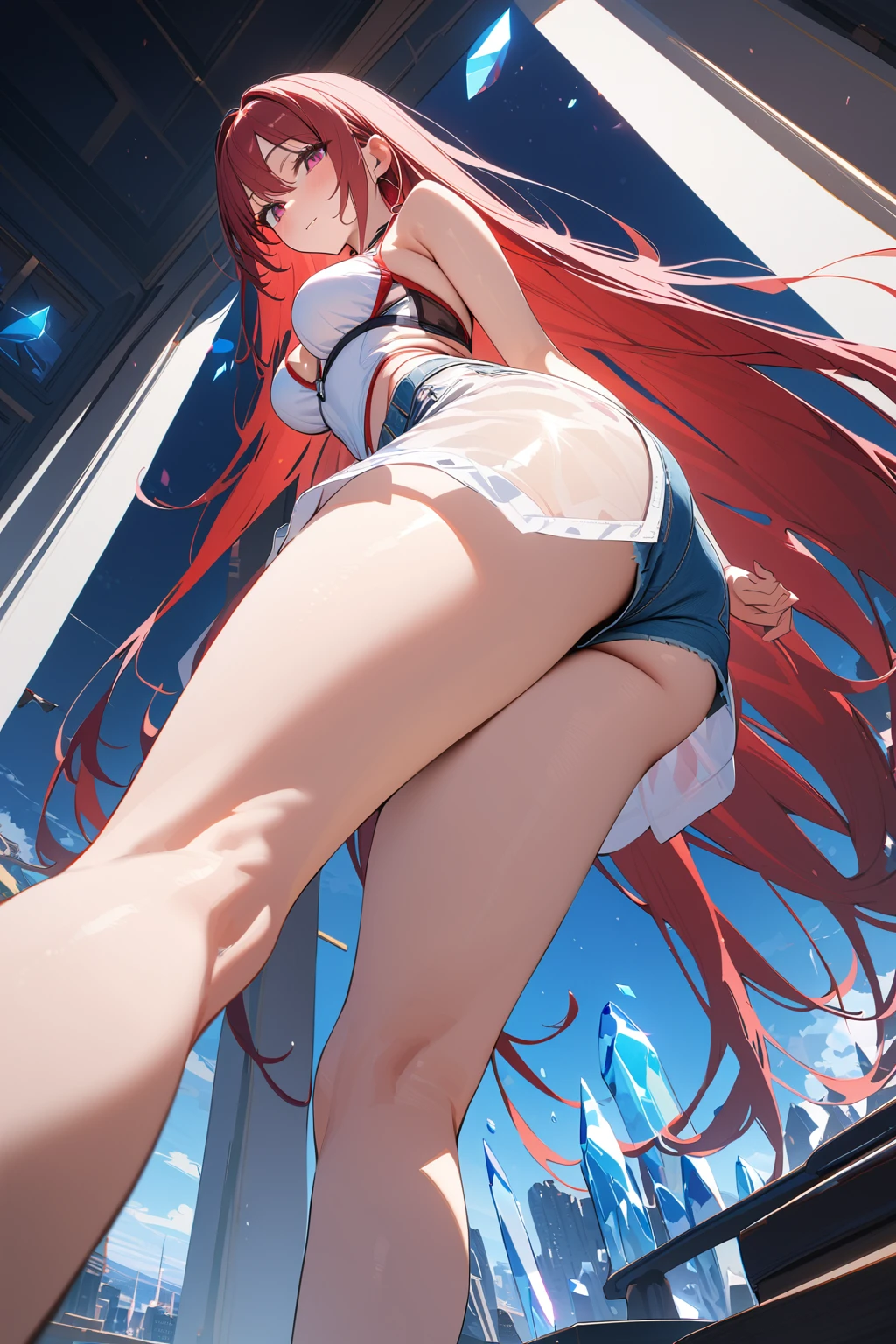 (masterpiece, best quality:1.5), (ultra detailed, high resolution, 8k, beautiful detailed, UHD, best anatomy), red straight hair, medium breasts, 1 girl, short shorts, thin see-through, standing, from below, Crystals floating around, night