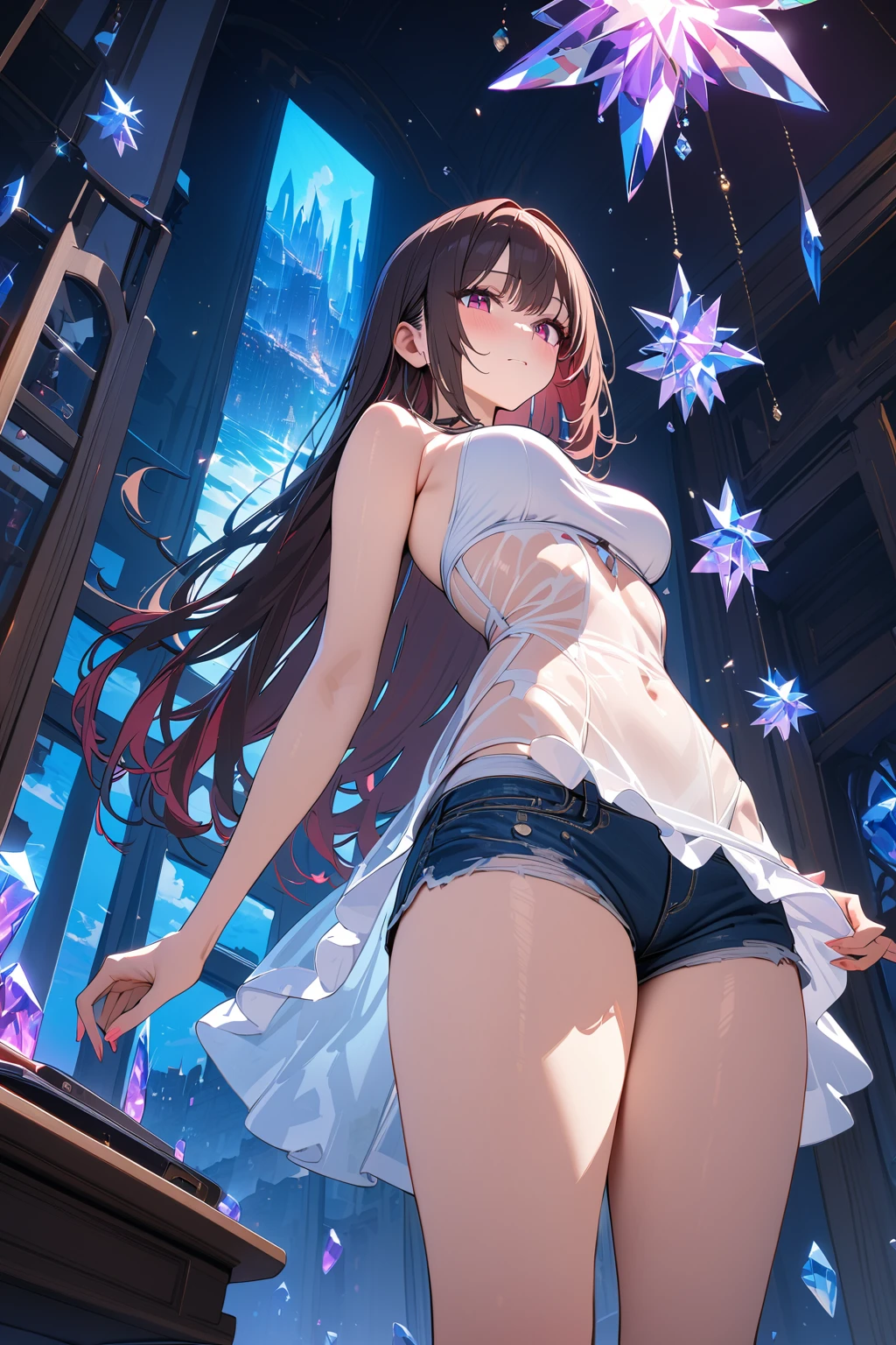 (masterpiece, best quality:1.5), (ultra detailed, high resolution, 8k, beautiful detailed, UHD, best anatomy), red straight hair, medium breasts, 1 girl, short shorts, thin see-through, standing, from below, Crystals floating around, night