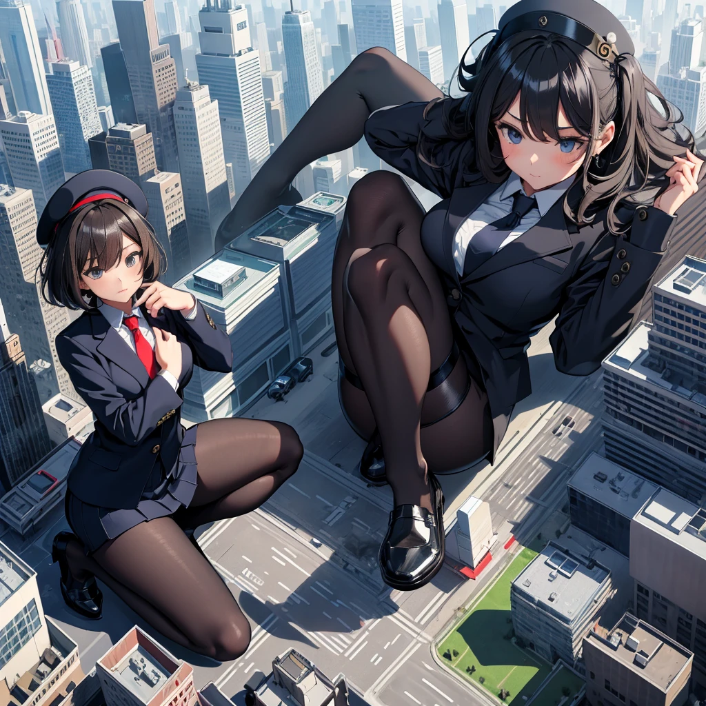 multiple girls, giantess art, a hyperrealistic , , highly detailed giantess shot, der riese, Shorthair, black pantyhose, A huge office ladyt hat is much bigger than a skyscraper。huge tits。Navy blue blazer、Red tie、Mini Length Skirt、black pantyhose、。very small metropoliiniature metropolis。In a miniature metropolis that is only feet tall。Full body depiction。gts, giantess, black pantyhose, pantyhose feet, pantyhose foot, ,stomping city,crash city,tiny city,micro city, mature lady smug smrik,GtsGiga,Gtscity, cityscape, large femdom,mature woman,black loafers