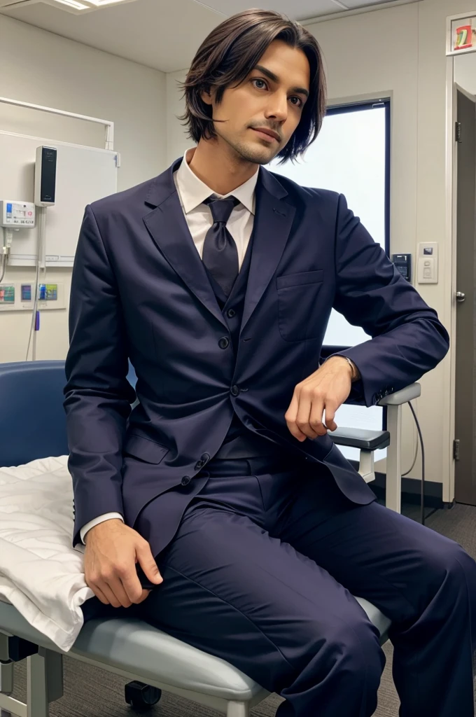 A crow in doctor's suit sitting in a hospital