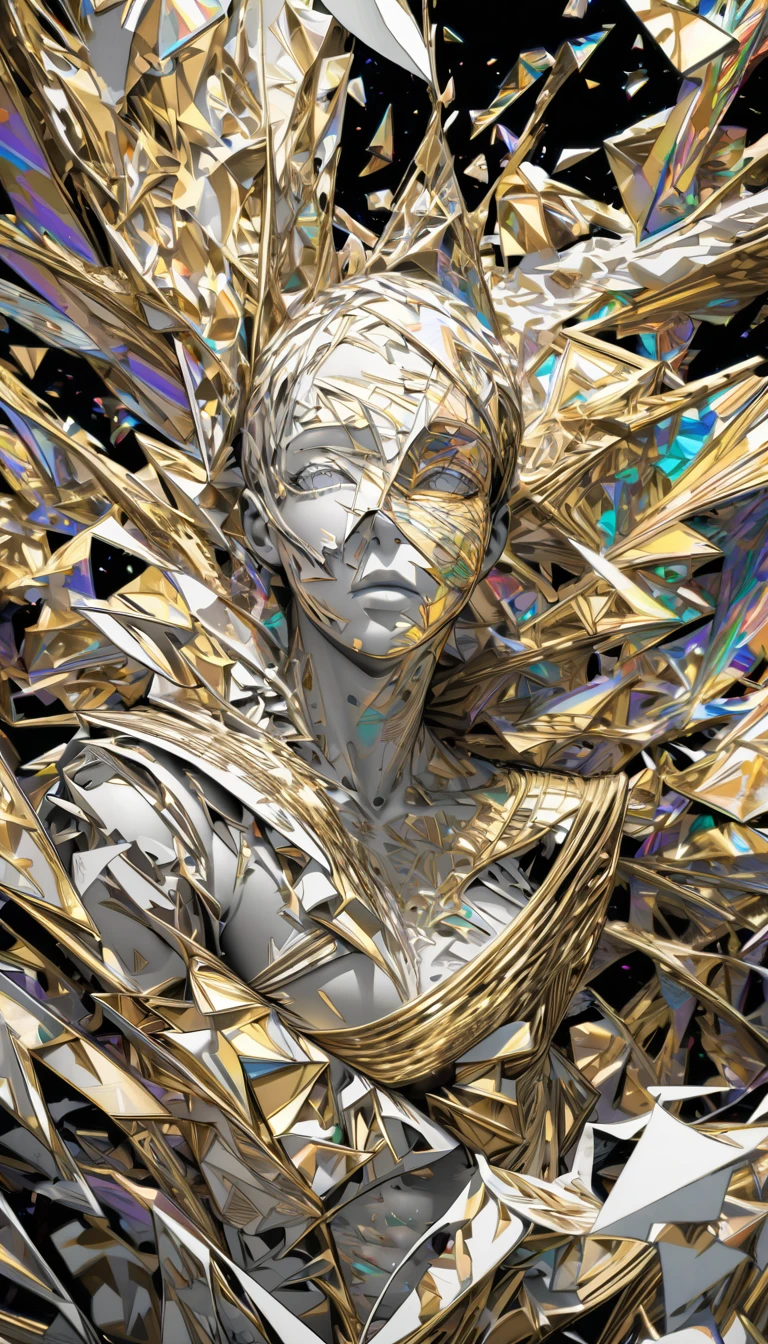 conceptual installation pop art, 2.5D, delicate and dynamic, Picasso-esque abstract drawing style, human body replicas, shredded paper heads, torn pasted paper faces, purple spotted, gold plated abs, light green marbled or swirled, black and white monochrome cut-out skin, crushed and tata colored gemstone background, prism effects, artistic effects
