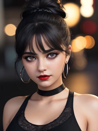 Teenage girl, dark hair in a bun, big eyes, beautiful face, dark eyeliner. dark mascara dark red lipstick mouth slightly open hoop earrings Cheek tattoo, choker, black tank top Medium bust Bright city lights at night, CG Highly detailed, Very beautiful and elegant,very detailed eyes, Fine texture, Detailed fabric, Beautifully detailed face, complicated details, Special details, 3d, 30k, movie theater light, Stunning light, shallow depth of light, Beautiful clothing details, Highly detailed, UDR, Sharp focus, Physics-based rendering