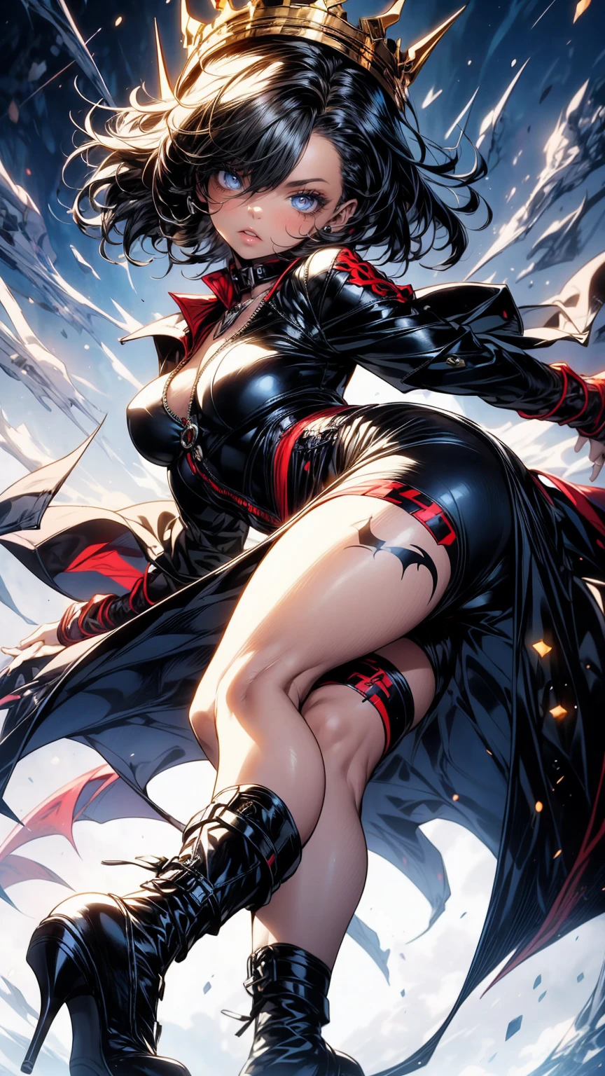 Generate an image of a woman with short black hair with blue highlights, sky-blue eyes with black makeup, and lips painted in a soft red shade. She is wearing a black half-armor on the upper part of her body, paired with a black dress featuring a slit on the side at the lower part. Her skin is fair with tattoos on her hip. She wears black heels with a scale-like texture and adorns a detailed crown of short black spikes. Additionally, she wears a blue cape with black and golden embroidery. She is situated in a gallery with a dark background, featuring excellent lighting accentuating her figure, and she carries a somewhat angry expression, striking a pose that exudes both a sexy and queen-like demeanor.