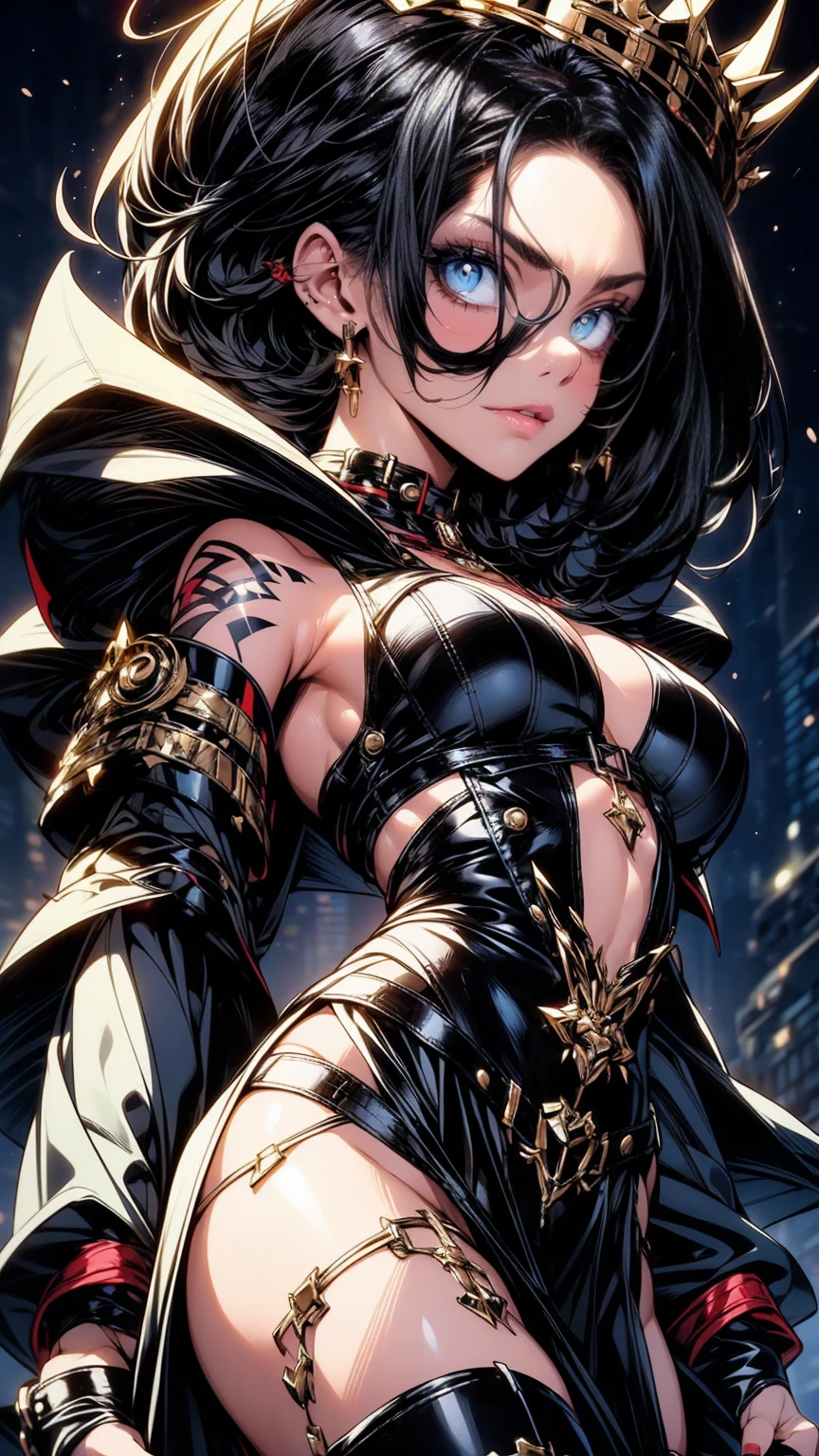 Generate an image of a woman with short black hair with blue highlights, sky-blue eyes with black makeup, and lips painted in a soft red shade. She is wearing a black half-armor on the upper part of her body, paired with a black dress featuring a slit on the side at the lower part. Her skin is fair with tattoos on her hip. She wears black heels with a scale-like texture and adorns a detailed crown of short black spikes. Additionally, she wears a blue cape with black and golden embroidery. She is situated in a gallery with a dark background, featuring excellent lighting accentuating her figure, and she carries a somewhat angry expression, striking a pose that exudes both a sexy and queen-like demeanor.