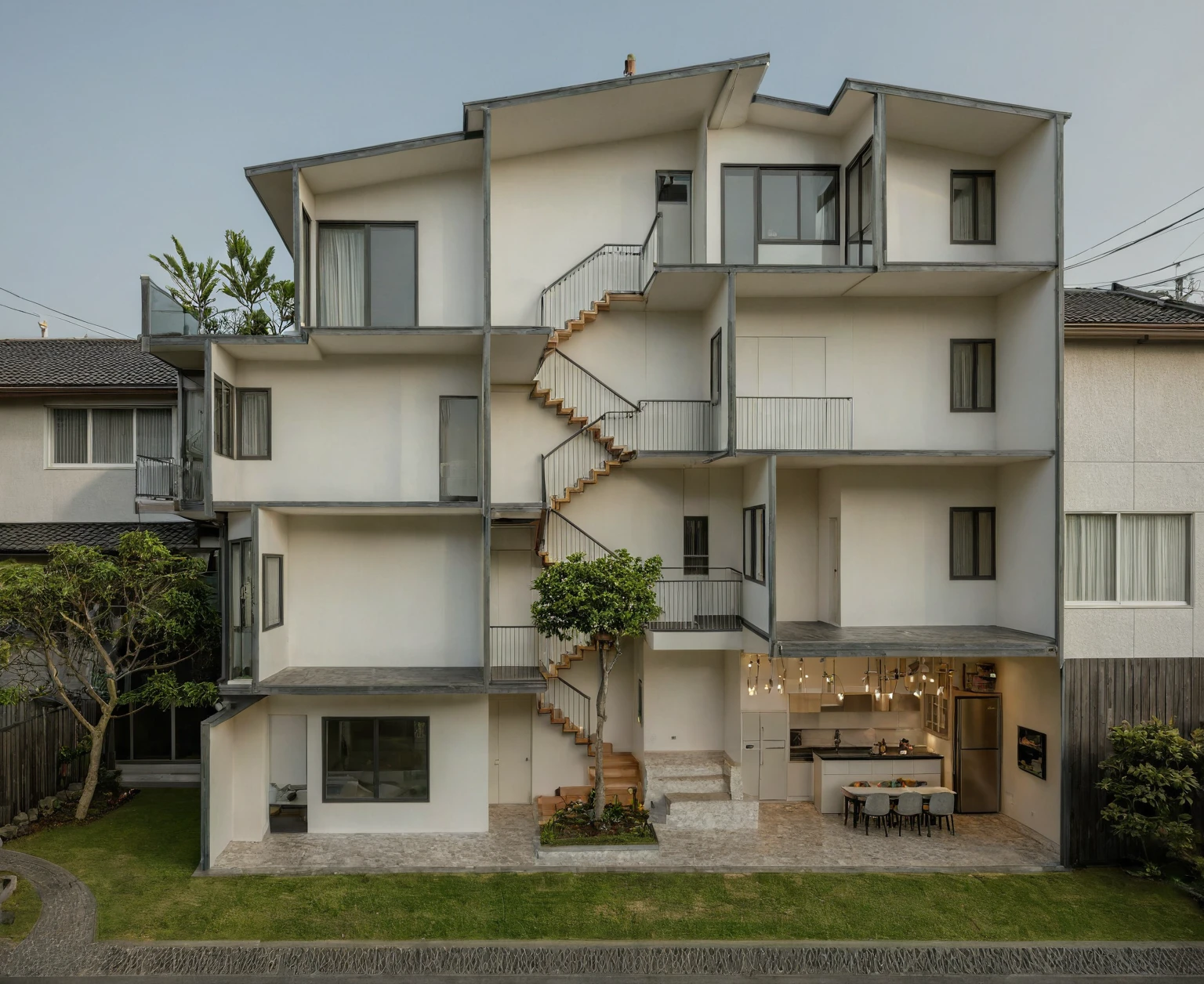 Raw photo, Masterpiece, high quality, best quality, authentic, super detail, architecture, house, outdoors,  style modern, minimalist line, wooden, white paint wall, japan style, wasabi style, Jen style, steel stair, glass railing, paint wall decor, tree, street