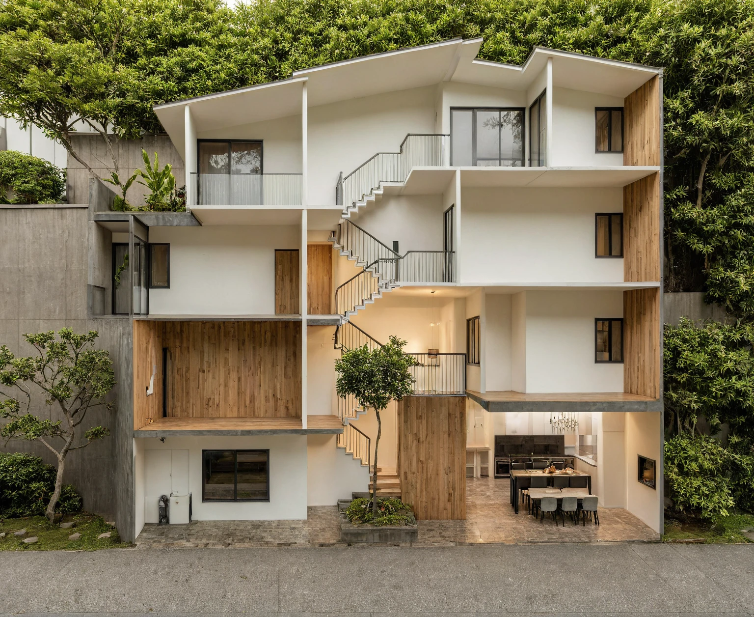 Raw photo, Masterpiece, high quality, best quality, authentic, super detail, architecture, house, outdoors, style modern, minimalist line, wooden, white paint wall, japan style, wasabi style, Jen style, steel stair, glass railing, paint wall decor, tree, street