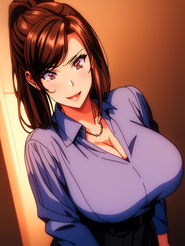 masterpiece, best quality, highest quality, perfect anatomy, highres, ultra-detailed, 8k wallpaper, texture, detail, unique, HDR, extremely detailed CG, Azuma Hisato, 1 girl, Solo, full body, standing, ponytail, brown_hair, Bangs, brown_eyes, 20yo, mature female, looking at viewer, smile, lewd face, (Beautiful,large_Breasts:1.4), (beautiful_face:1.5),(narrow_waist), office outfit, office uniform