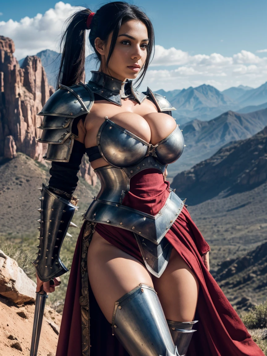 (masterpiece, top quality, best quality, official art, beautiful and aesthetic:1.2), (1girl:1.3), ((Sharp facial features, sharp features, hawkish features)), ((big hair, long black hair, ponytail)), big tiddy chaos warrior girl, extremely detailed, portrait, looking at viewer, solo, (full body:0.6), detailed background, full-body shot, (hot desert mountain theme:1.1), chaos warrior, (spiky helmet), charlatan, smirk, mysterious, swaying in mountains, armor, red metal, brass trim, long boots, dual axes, blood red fabric, pelvic curtain, loincloth, black leather, ((((armor, heavy armor, blood, armored, gigantic breasts, long legs, pelvic curtain, toned, muscular)))), cute belly button, toned tummy, slim waist, slim hips, long legs, medieval (mountain exterior:1.1) background, dark mysterious lighting, shadows, magical atmosphere, dutch angle