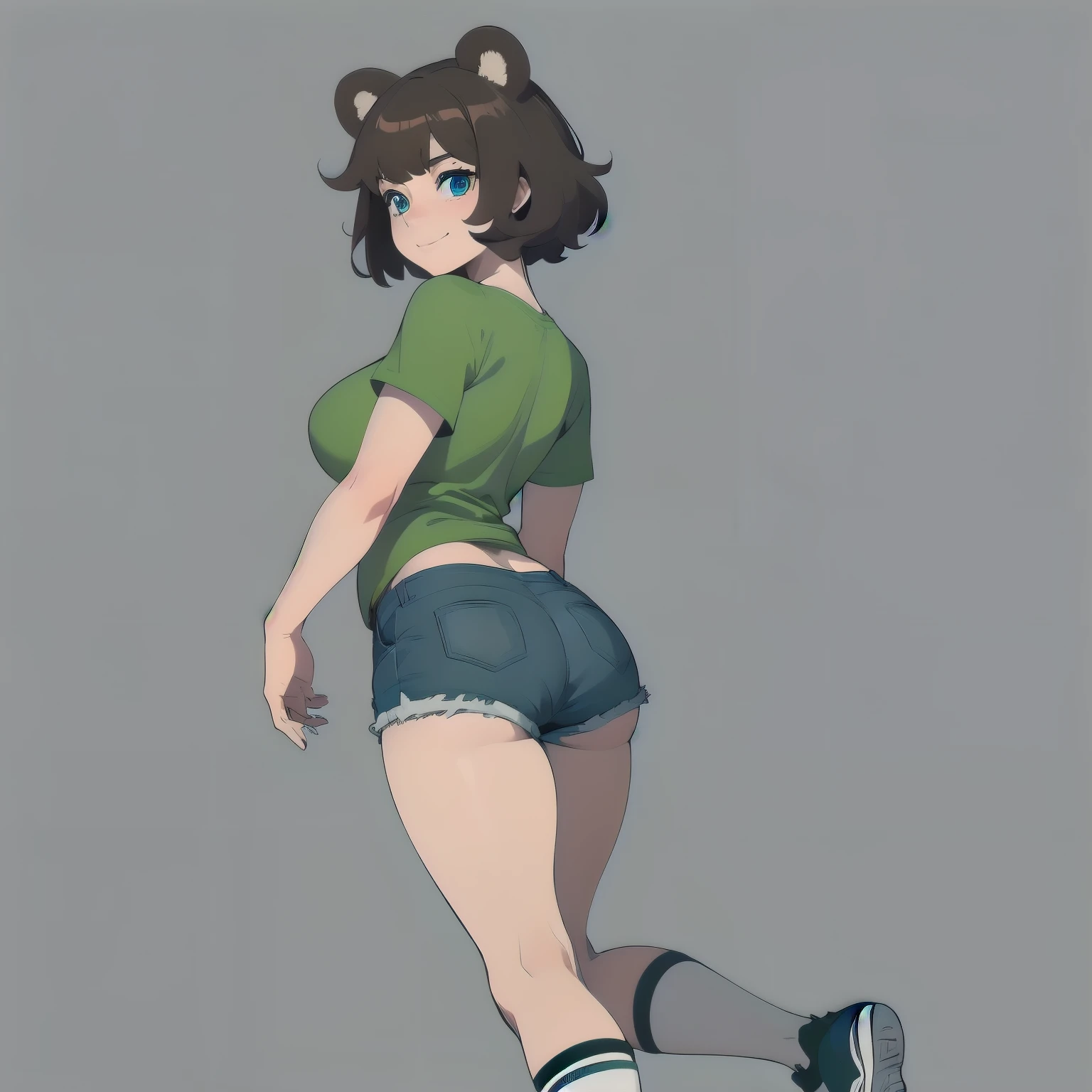 (masterpiece), 1girl, solo, best quality, expressive eyes, perfect face, best quality, kemonomimi, bear ears, animal ears, brown hair, short hair, messy_hair, blue eyes BREAK freckles, green shirt, huge breasts, hourglass figure, short sleeves, Denim shorts, standing, smile, closed mouth, naughty face, white background, simple background, from behind, looking back, outdoors, full body, sneakers, knee socks, butt