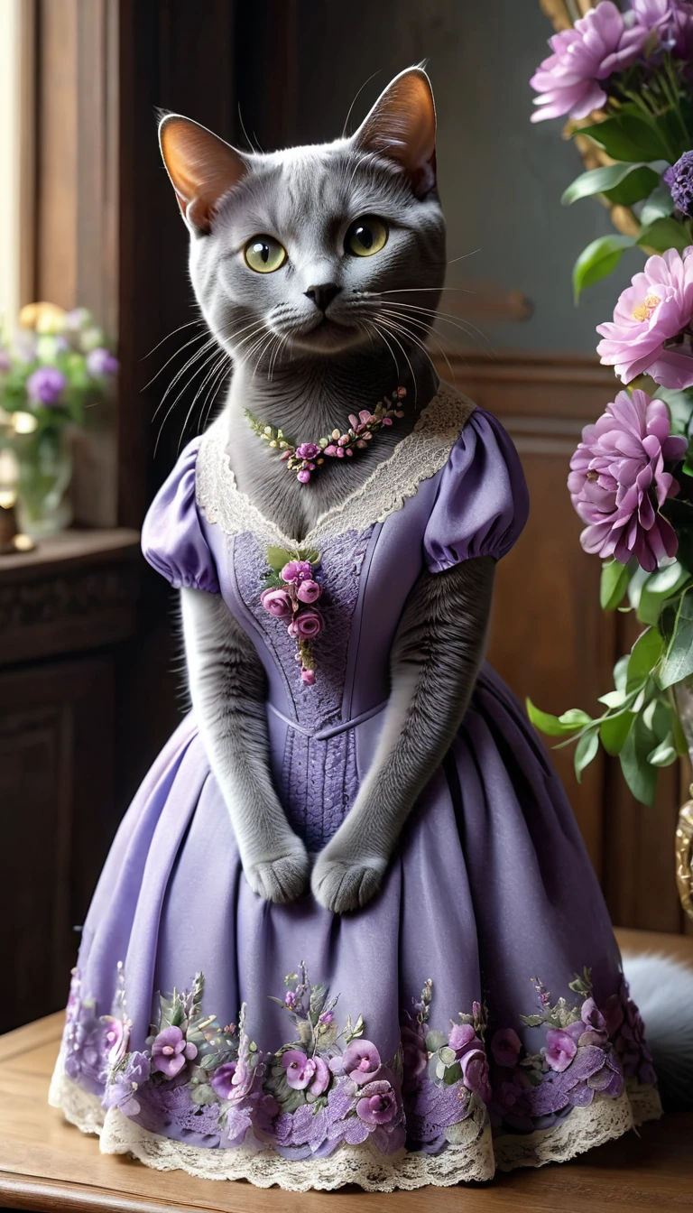 Realistic portrait of an animal in clothes - beautiful Russian Blue cat, (A beautiful flower wreath is being made on a wooden table in a room with many flower wreaths hanging on the wall), high quality,(Lovely) ,Intricate details, Very detailed ((Elegant lace purple floral one-piece dress) ,Antique photos、Nostalgia、Very detailed decorations,, (Happy), Natural light,Evening Light、Magic Hour(Full body image:1.5)