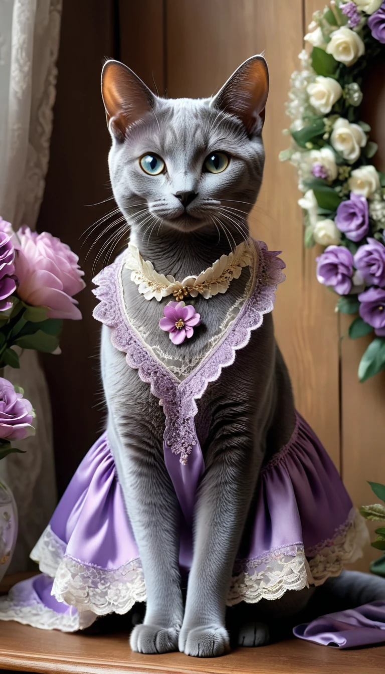 Realistic portrait of an animal in clothes - beautiful Russian Blue cat, (A beautiful flower wreath is being made on a wooden table in a room with many flower wreaths hanging on the wall), high quality,(Lovely) ,Intricate details, Very detailed ((Elegant lace purple floral one-piece dress) ,Antique photos、Nostalgia、Very detailed decorations,, (Happy), Natural light,Evening Light、Magic Hour(Full body image:1.5)