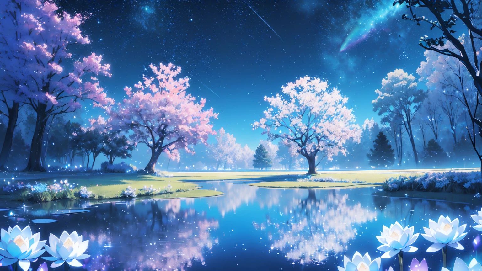 Mystical landscape with ((luminous starry blue and white flowers emitting light particles surrounding pond)),softly glowing butterflies, (one beautiful vivid purple sakura tree), (((unique view with extremely vivid multicolors without any people))), {extremely detailed 16k CG unity wallpaper}, expansive natural landscape photography, (wide open field view), (low angle shot),complex details, (iridescent colors: 1.6), (dark night lighting), (atmospheric lighting), Dreamy, unique, no people, reflections perfect,(no humans),landscape only, pixiv_fantasia,((starry glittering pond,water filled with shimmering stardust)),dark night