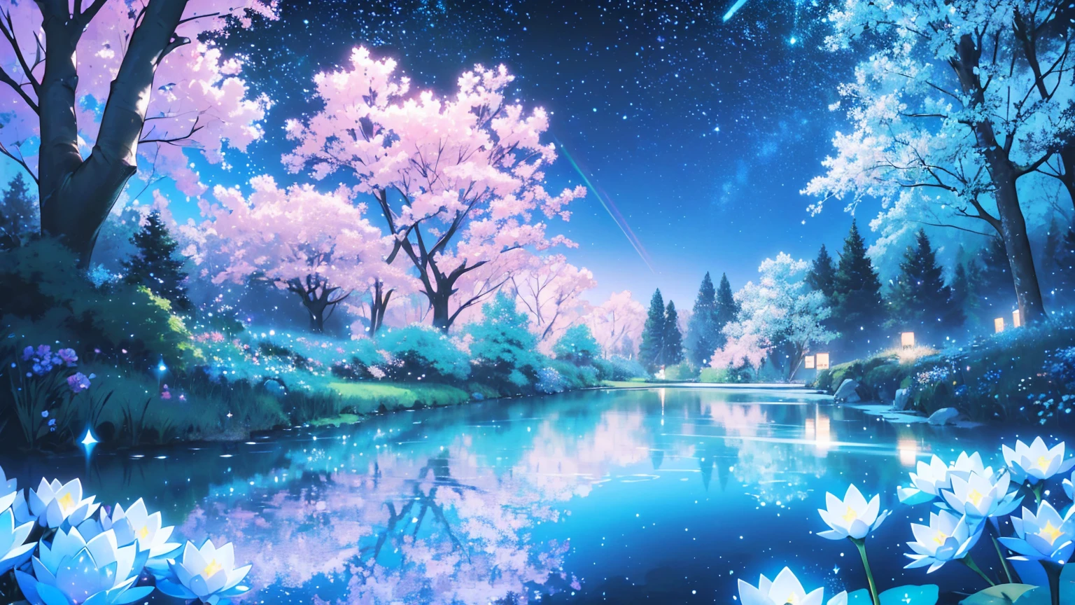 Mystical landscape with ((luminous starry blue and white flowers emitting light particles surrounding pond)),softly glowing butterflies, (one beautiful vivid purple sakura tree), (((unique view with extremely vivid multicolors without any people))), {extremely detailed 16k CG unity wallpaper}, expansive natural landscape photography, (wide open field view), (low angle shot),complex details, (iridescent colors: 1.6), (dark night lighting), (atmospheric lighting), Dreamy, unique, no people, reflections perfect,(no humans),landscape only, pixiv_fantasia,((starry glittering pond,water filled with shimmering stardust)),dark night