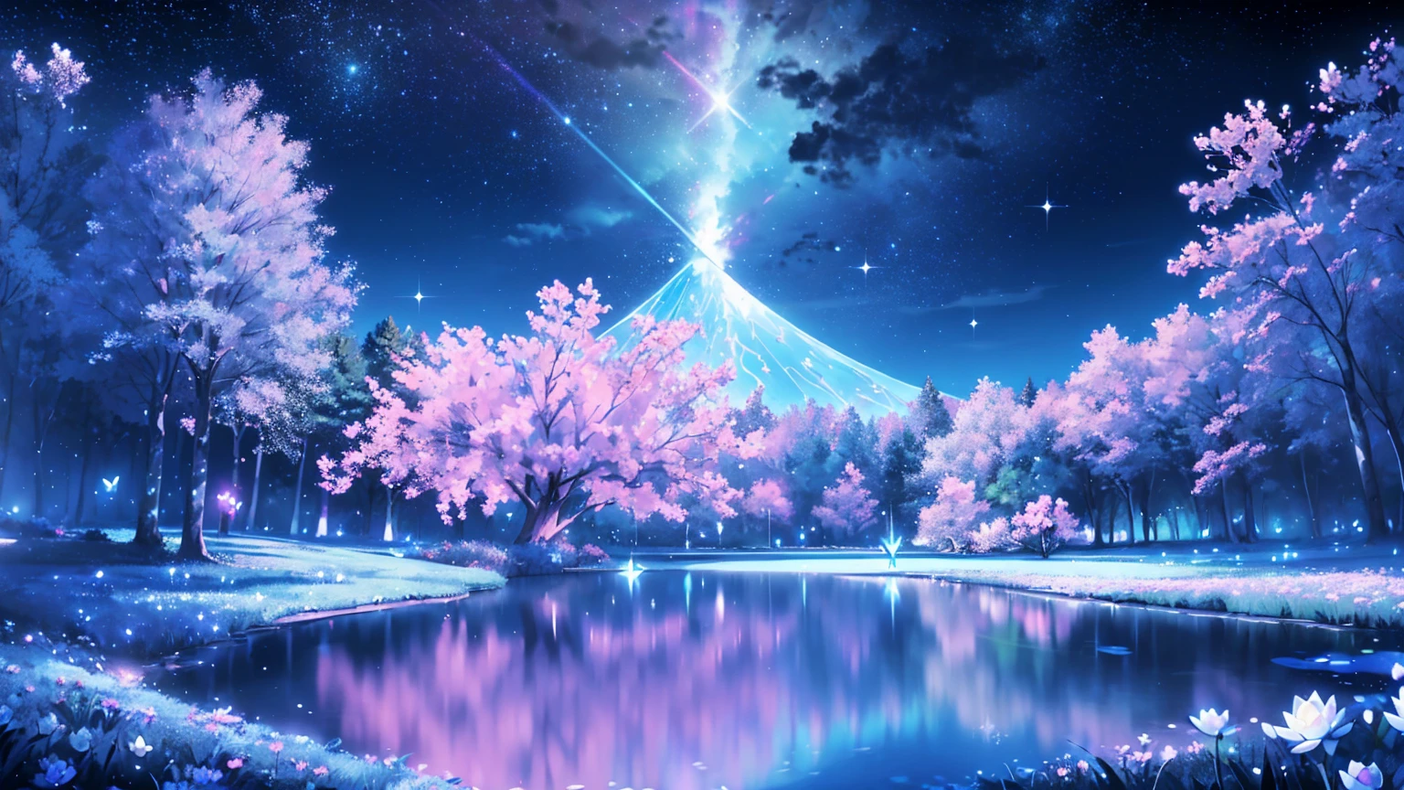 Mystical landscape with ((luminous starry blue and white flowers emitting light particles surrounding pond)),softly glowing butterflies, (one beautiful vivid purple sakura tree), (((unique view with extremely vivid multicolors without any people))), {extremely detailed 16k CG unity wallpaper}, expansive natural landscape photography, (wide open field view), (low angle shot),complex details, (iridescent colors: 1.6), (dark night lighting), (atmospheric lighting), Dreamy, unique, no people, reflections perfect,(no humans),landscape only, pixiv_fantasia,((starry glittering pond,water filled with shimmering stardust)),dark night