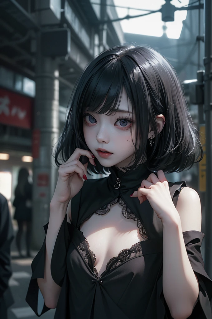 Highest quality, masterpiece, look up, cute,(Horror),(((Beautiful girl))),(Sexy),(sexy),((Small breasts)),Baby Face,(Middle school students),Black Hair,Bobcut,Beautiful Style,((Pale skin)),Sensual look,Embarrassed,Sexy表情,Heavy makeup,Expressions of delight,(Dark atmosphere),(Dark atmosphere,fear),((Dim lighting))