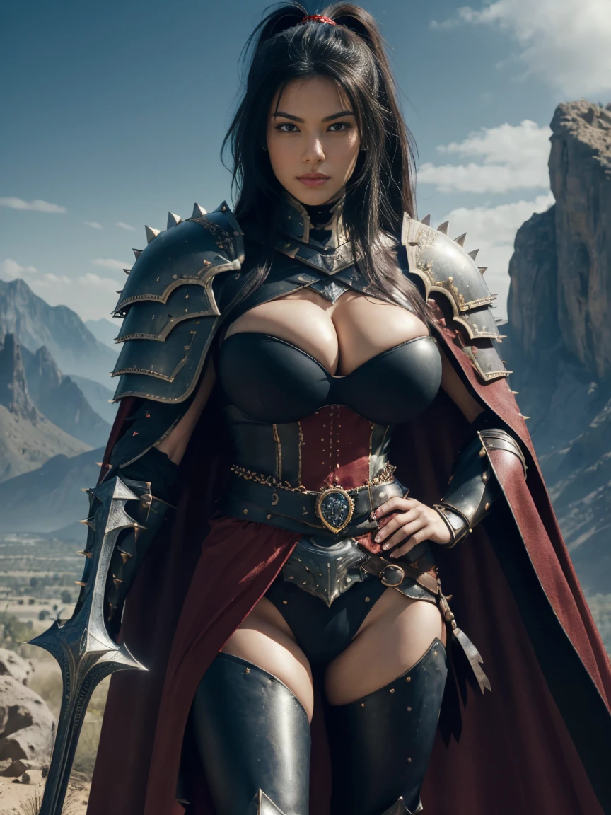 (masterpiece, top quality, best quality, official art, beautiful and aesthetic:1.2), (1girl:1.3), ((Sharp facial features, sharp features, hawkish features)), ((big hair, long black hair, ponytail)), big tiddy chaos warrior girl, extremely detailed, portrait, looking at viewer, solo, (full body:0.6), detailed background, full-body shot, (hot desert mountain theme:1.1), chaos warrior, (spiky helmet), charlatan, smirk, mysterious, swaying in mountains, armor, red metal, brass trim, long boots, dual axes, blood red fabric, pelvic curtain, loincloth, black leather, ((((cape, armor, heavy armor, blood, armored, gigantic breasts, long legs, pelvic curtain, toned, muscular)))), cute belly button, toned tummy, slim waist, slim hips, long legs, medieval (mountain exterior:1.1) background, dark mysterious lighting, shadows, magical atmosphere, dutch angle