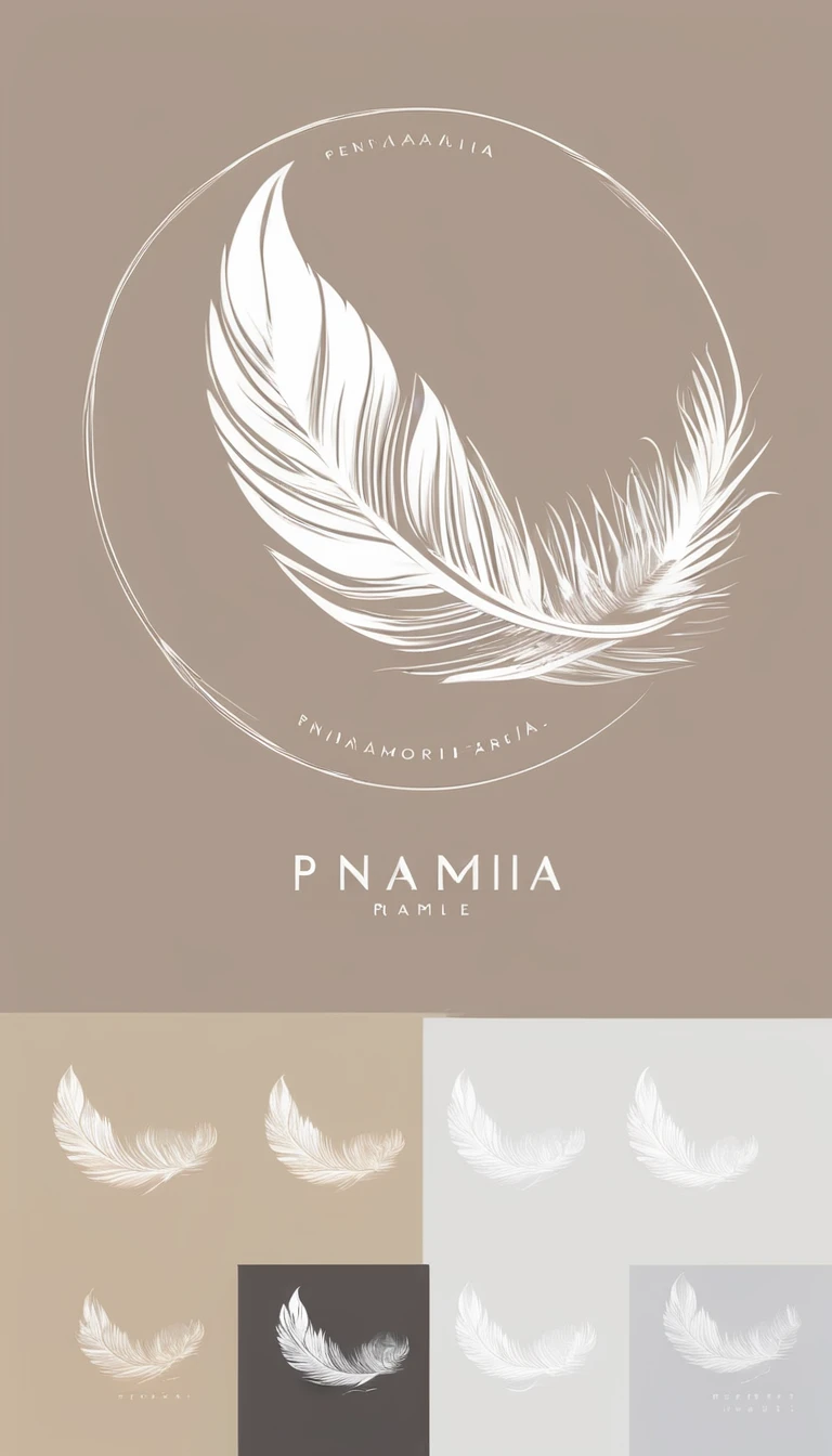 A minimal, modern, simple, cinematic logo design for the brand “Penamemoria". Create a modern, minimalistic, high-quality, white logo of a simple, fantastic, hipnotic, dreamy, artistic feather that symbolizes dreams, stories and memories