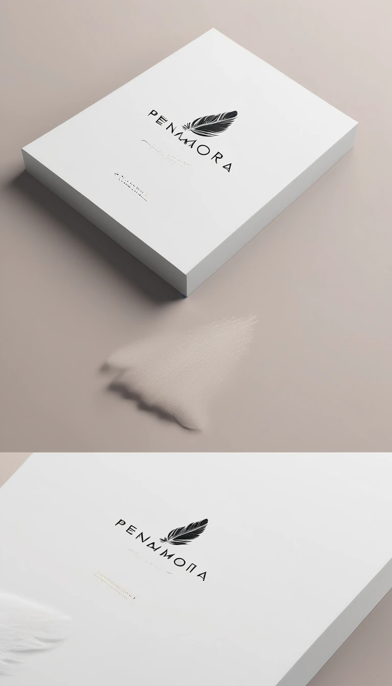 A minimal, modern, simple, cinematic logo design for the brand “Penamemoria". Create a modern, minimalistic, high-quality, white logo of a simple, fantastic, hipnotic, dreamy, artistic feather that symbolizes dreams, stories and memories