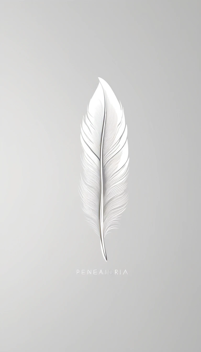 A minimal, modern, simple, cinematic logo design for the brand “Penamemoria". Create a modern, minimalistic, high-quality, white logo of a simple, fantastic, hipnotic, dreamy, artistic feather that symbolizes dreams, stories and memories