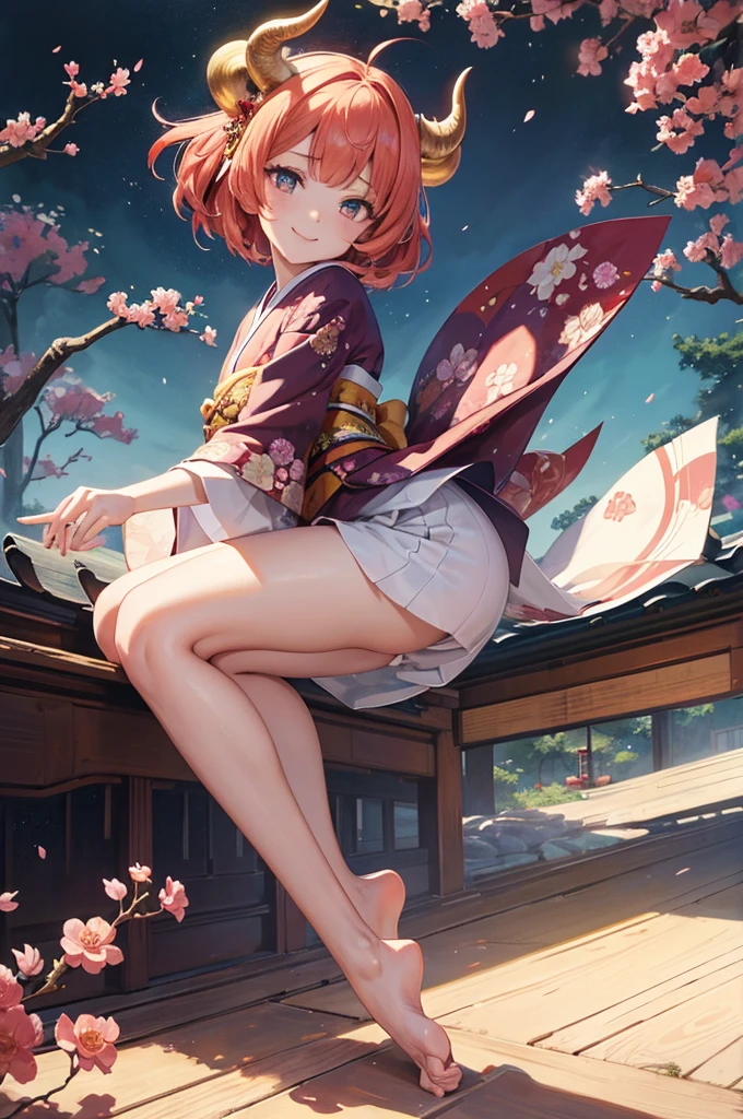 masterpiece, best quality, ultra detailed, 4K, anime, no bad anatomy and fingers, a beautiful demon girl wearing a kimono with camellia patterns, jumping with both feet in the air, horns on her head, short straight bangs, mischievous smile, golden beautiful eyes, background of a traditional Japanese garden, Hard-edge Painting style, action painting style, face well-defined, thick lines, dynamic composition, inverted triangle composition