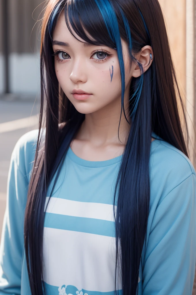 Create an anime of a girl with brown roots and blue tips and a scar on her face and wearing blue clothes