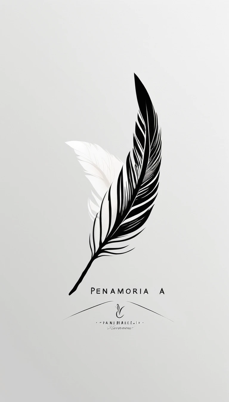 A minimal, modern, simple, cinematic logo design for the brand “Penamemoria". Create a modern, minimalistic, high-quality, white logo of a simple, fantastic, hipnotic, dreamy, artistic feather that symbolizes dreams, stories and memories