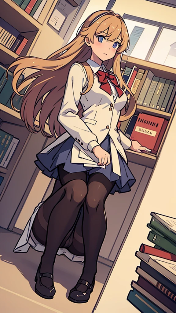 Pantyhose,high school girl,Angle from below,Crouching,library,