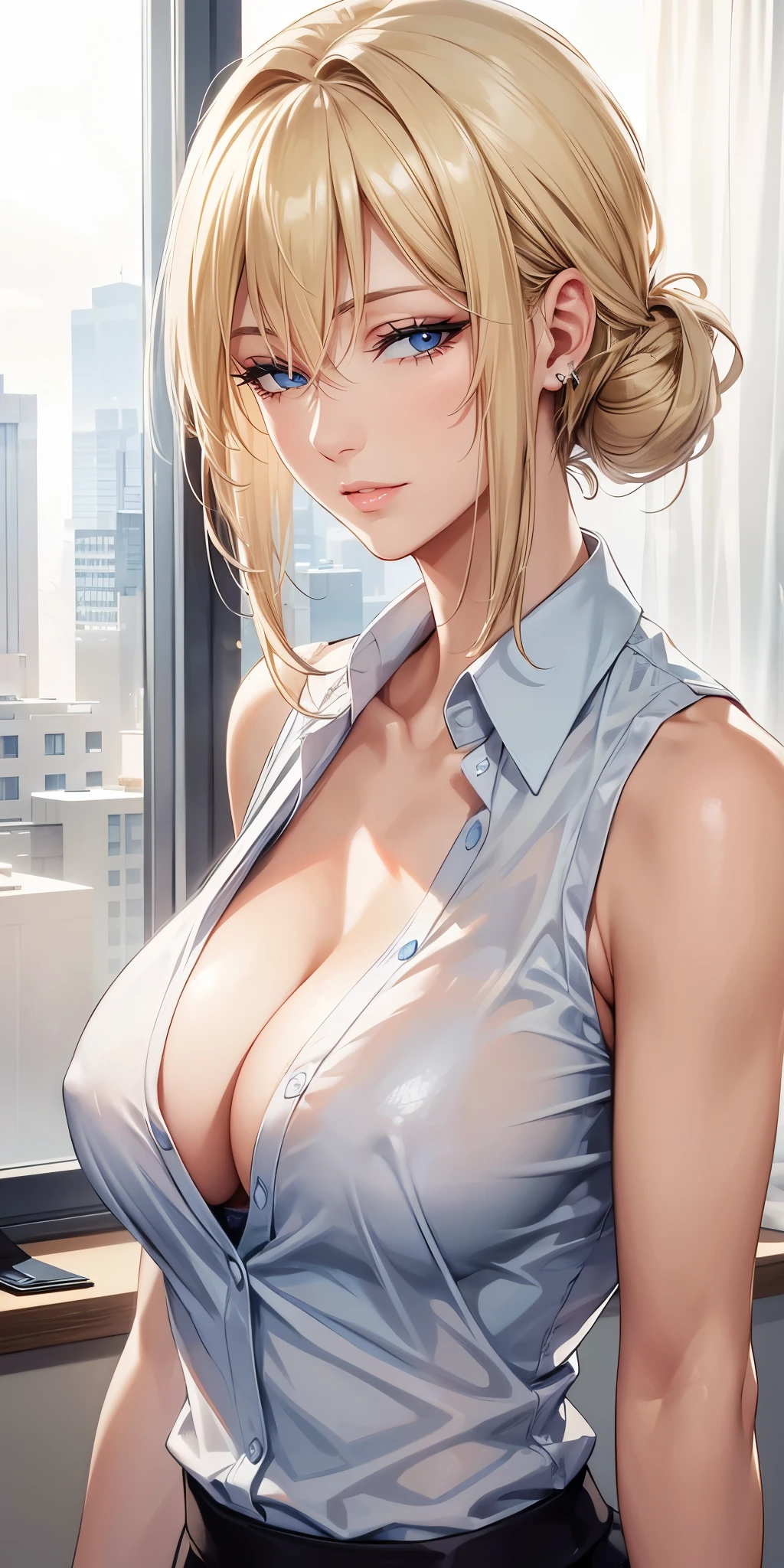 Elegant mature woman, milf, blue eyes, blonde hair, soft light, high detailed, 4k resolution, high quality, beautiful cg