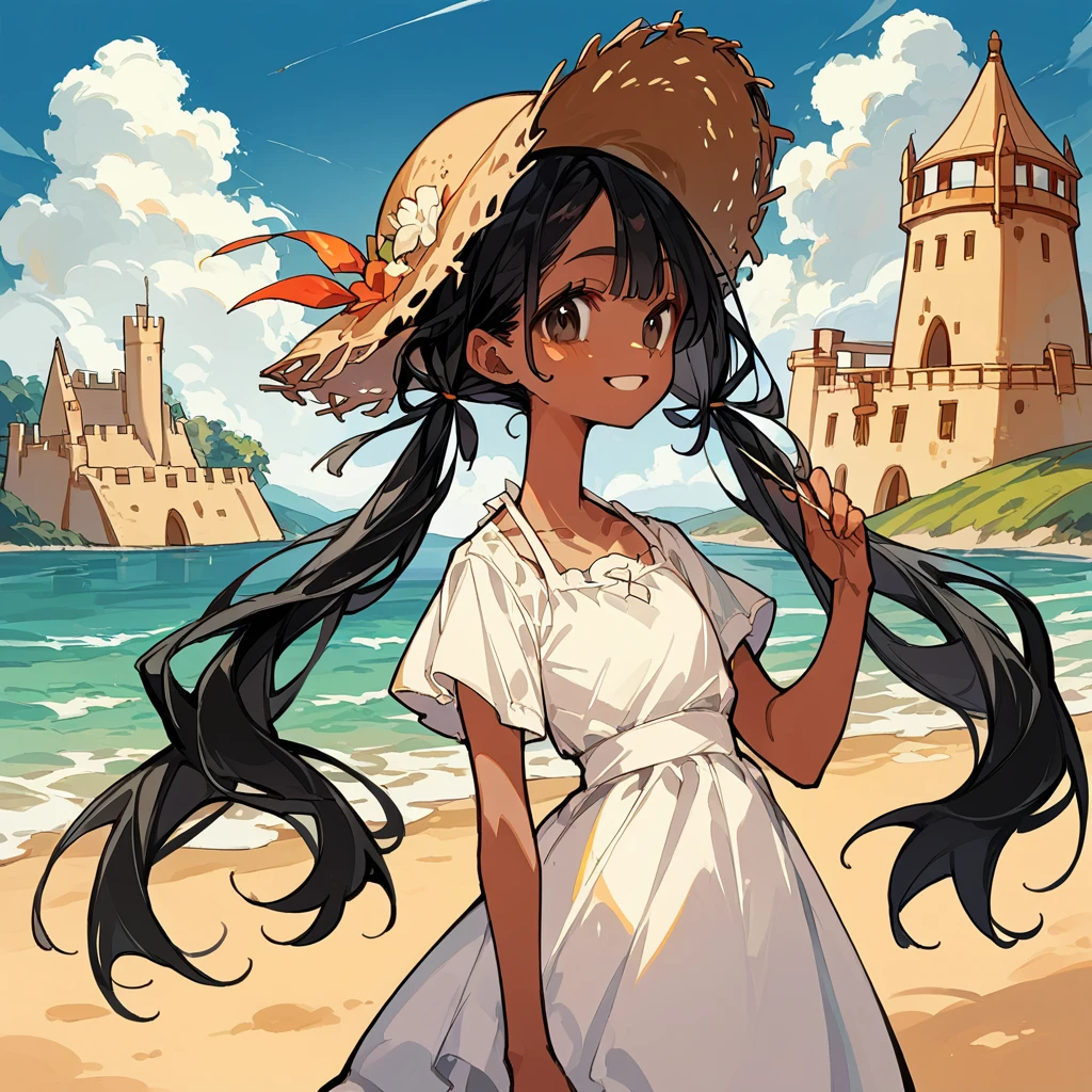 score_9_up, score_8_up, score_7_up, score_6_up, source_アニメ,2d, flat、Black Hair、Pigtails、White dress、Straw hat、Brown Skin、smile、Sandy Beach、Sand castles、rating_safe