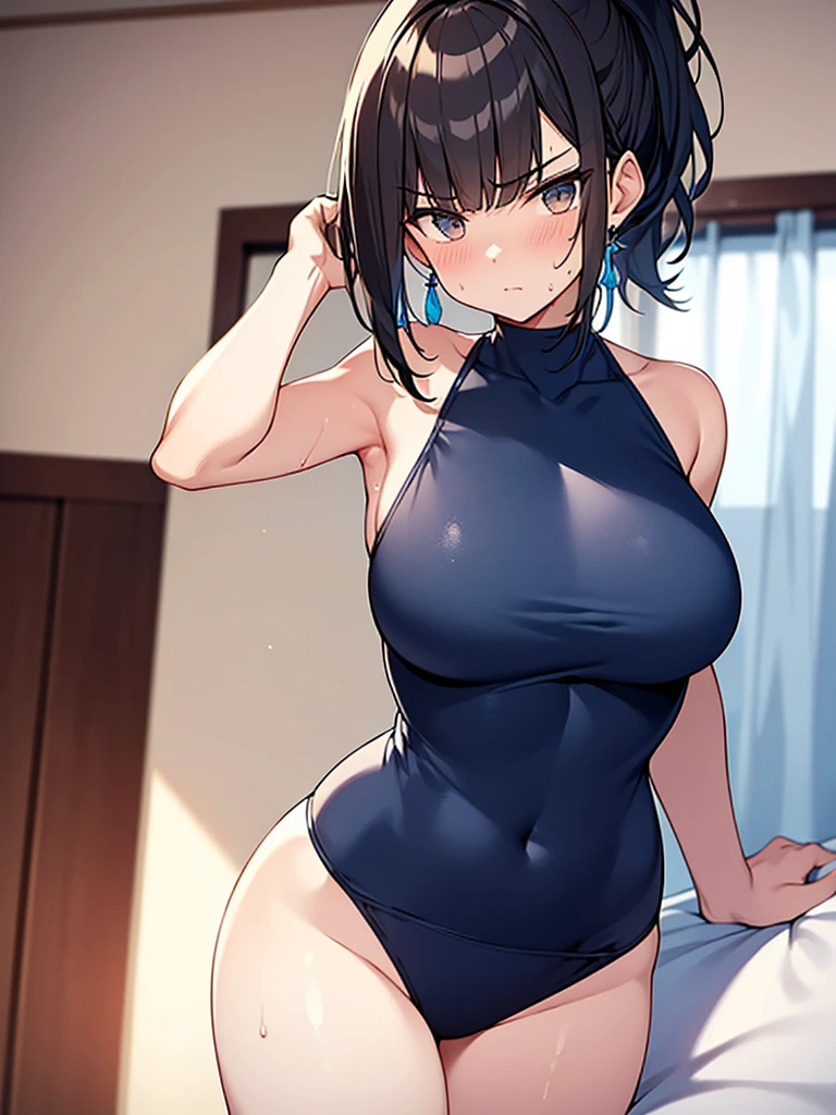 Cowboy Shot: Dark navy blue sports swimsuit:1.9 Open chest, gold lines, standing, arms crossed, anime drawing with vivid colors, lying on a white bed, tall woman, demure:1.9 Sweat, breasts, troubled face, glaring, wrinkled brows, flushed cheeks, night:1.3 Apartment bedroom, white sheets, short black hair, ponytail:1.9 Straight hair, bangs swept to the side:1.9. Slanted eyes, brown eyes, tall, big breasts, strong-willed, beautiful
