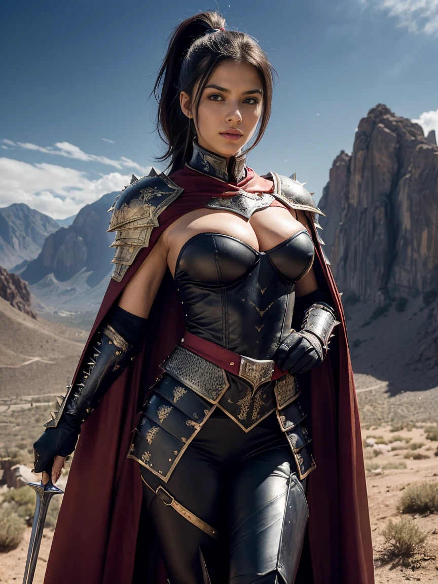 (masterpiece, top quality, best quality, official art, beautiful and aesthetic:1.2), (1girl:1.3), ((Sharp facial features, sharp features, hawkish features)), ((big hair, long black hair, ponytail)), big tiddy chaos warrior girl, extremely detailed, portrait, looking at viewer, solo, (full body:0.6), detailed background, full-body shot, (hot desert mountain theme:1.1), chaos warrior, (spiky helmet), charlatan, smirk, mysterious, swaying in mountains, armor, red metal, brass trim, long boots, dual axes, blood red fabric, pelvic curtain, loincloth, black leather, ((((cape, armor, heavy armor, blood, armored, gigantic breasts, long legs, pelvic curtain, toned, muscular)))), cute belly button, toned tummy, slim waist, slim hips, long legs, medieval (mountain exterior:1.1) background, dark mysterious lighting, shadows, magical atmosphere, dutch angle