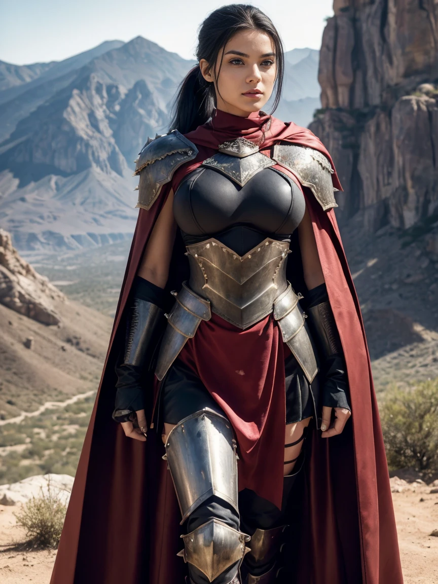 (masterpiece, top quality, best quality, official art, beautiful and aesthetic:1.2), (1girl:1.3), ((Sharp facial features, sharp features, hawkish features)), ((big hair, long black hair, ponytail)), big tiddy chaos warrior girl, extremely detailed, portrait, looking at viewer, solo, (full body:0.6), detailed background, full-body shot, (hot desert mountain theme:1.1), chaos warrior, (spiky helmet), charlatan, smirk, mysterious, swaying in mountains, armor, red metal, brass trim, long boots, dual axes, blood red fabric, pelvic curtain, loincloth, black leather, ((((cape, armor, heavy armor, blood, armored, gigantic breasts, long legs, pelvic curtain, toned, muscular)))), cute belly button, toned tummy, slim waist, slim hips, long legs, medieval (mountain exterior:1.1) background, dark mysterious lighting, shadows, magical atmosphere, dutch angle
