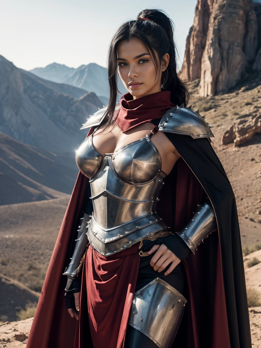 (masterpiece, top quality, best quality, official art, beautiful and aesthetic:1.2), (1girl:1.3), ((Sharp facial features, sharp features, hawkish features)), ((big hair, long black hair, ponytail)), big tiddy chaos warrior girl, extremely detailed, portrait, looking at viewer, solo, (full body:0.6), detailed background, full-body shot, (hot desert mountain theme:1.1), chaos warrior, (spiky helmet), charlatan, smirk, mysterious, swaying in mountains, armor, red metal, brass trim, long boots, dual axes, blood red fabric, pelvic curtain, loincloth, black leather, ((((cape, armor, heavy armor, blood, armored, gigantic breasts, long legs, pelvic curtain, toned, muscular)))), cute belly button, toned tummy, slim waist, slim hips, long legs, medieval (mountain exterior:1.1) background, dark mysterious lighting, shadows, magical atmosphere, dutch angle