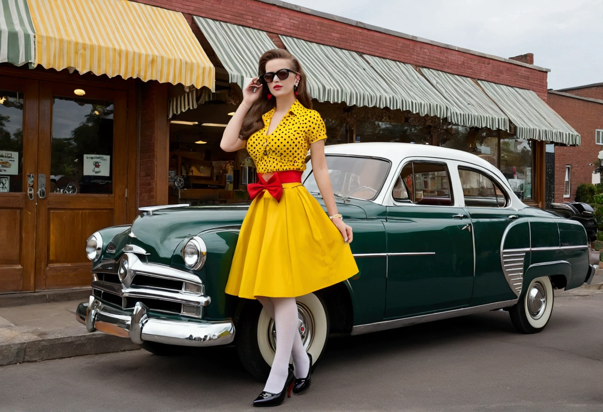 (1girl, long brown hair, green eyes, large breasts), (yellow shirt, red skirt, belt, polkadot skirt, yellow bow, cleavage, earrings, jewelry, black shoes, white socks, sunglasses, eyewear on head), Picture a British racing green colored 1952 Dodge Kingsway Custom parked outside of a Restaurant, its chrome grille catching the sunlight, embodying an era of post-war optimism and automotive innovation, distant shot