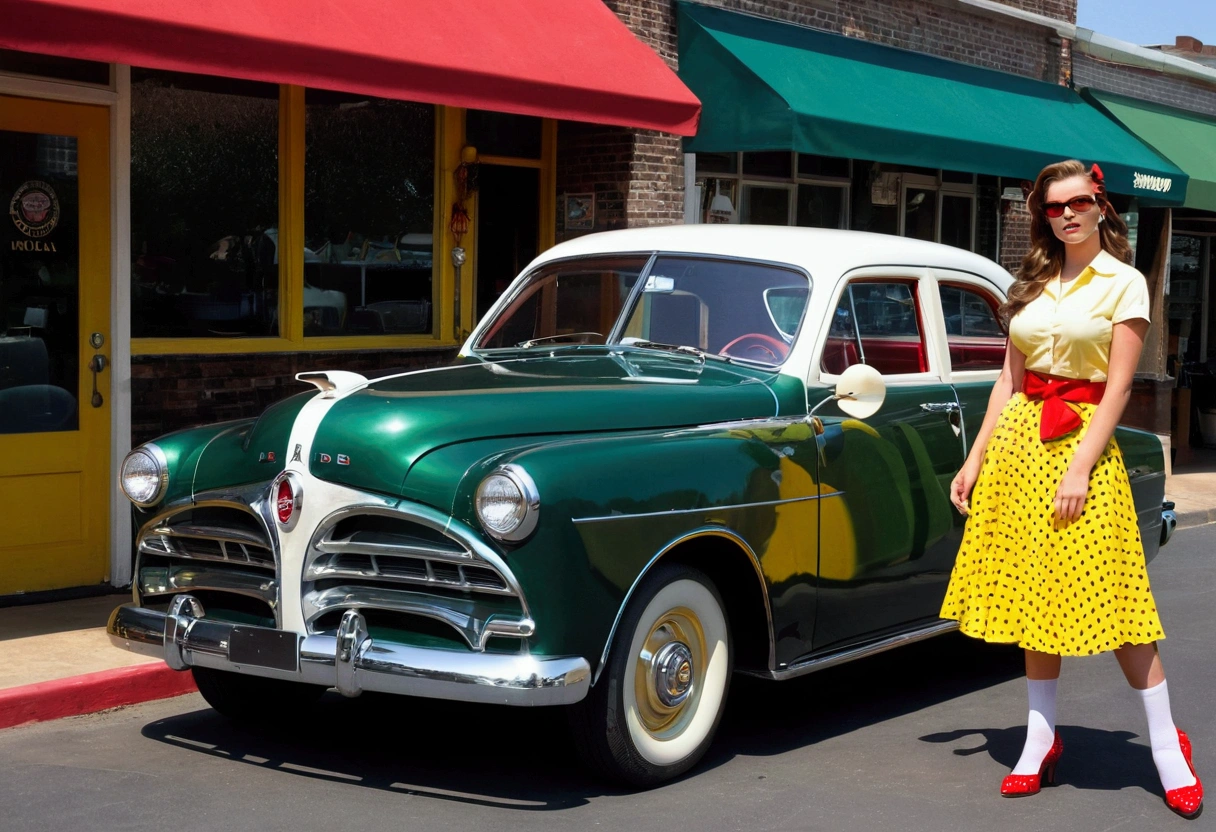 (1girl, long brown hair, green eyes, large breasts), (yellow shirt, red skirt, belt, polkadot skirt, yellow bow, cleavage, earrings, jewelry, black shoes, white socks, sunglasses, eyewear on head), Picture a British racing green colored 1952 Dodge Kingsway Custom parked outside of a Restaurant, its chrome grille catching the sunlight, embodying an era of post-war optimism and automotive innovation, distant shot