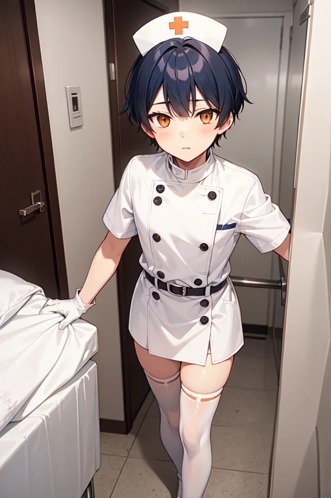 1boy, solo, male focus, nurse, white nurse cap, white nurse uniform, ((white legwear, zettai ryouiki)), white gloves, bobcut, blue hair, orange eyes, no impression, standing, ((hospital room)), sharp outline, short sleeves, shota, 12 years old, best quality, masterpiece