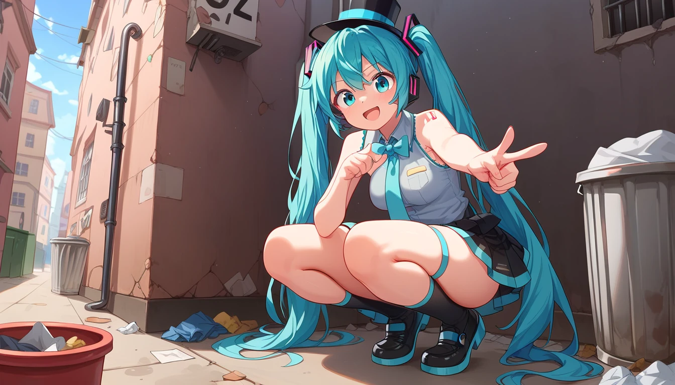 ((1girls:1.3)), ((moe style:1.3)), ((sewer pipe:1.3)), ((squatting:1.3)), ((pointing:1.3)), ((trash can:1.3)), ((monocle:1.3)), ((top hat:1.3)), full body, hatsune miku, ((perfect face)), ((extremely cute:1.3)), ((masterpiece:1.3)), ((8k)), ((best quality:1.3)), ((beautiful)), ((extremely detailed:1.3)) , ((absurdres)), AddXL, ((score_9:1.3)), ((score_8_up:1.3)), ((score_7_up:1.3)), Expressiveh
