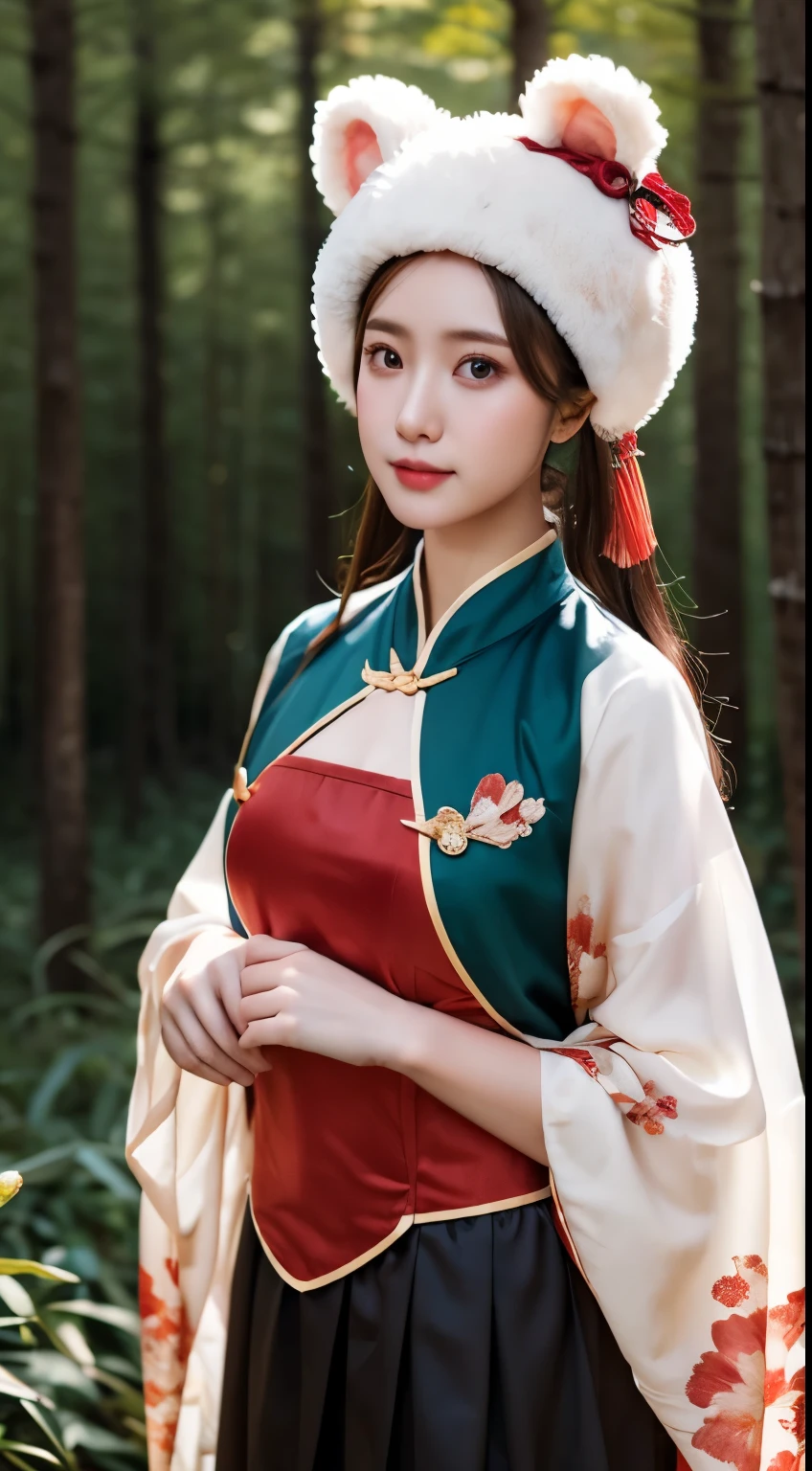best quality,HDR,Ultra HD,8K,Bright colors,Solitary,photo_,(1 Girl:1.3),(permanent:1.3),(Looking at the audience:1.4),elegant,detailed gorgeous face,(Upper Body:1.2),bright,(Forest Background:1.2),(Pale skin:1.4),Flash,Chinese clothes,Bear ears,Wide sleeves,Sweet Prints,Brown Skirt,