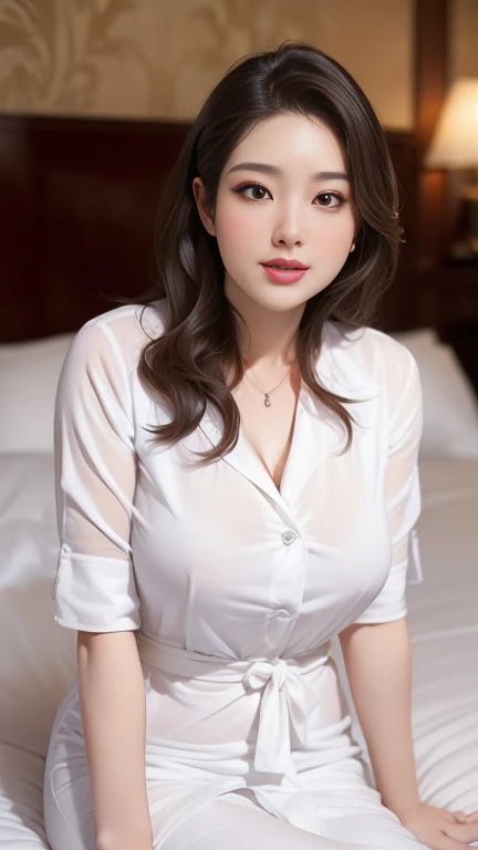 (((Full and soft breasts,)))(((Huge breasts))) (((Cleavage))) (Perfect curvy figure)((masterpiece))、((best quality))、picture、Reality、High level of image quality、Advanced depth of field、Extremely detailed、Realistic lighting、Dynamic Synthesis、Luxury suites、(Sitting on the hotel bed:1.3)、Long curly hair、（Married、the 60&#39;s）、(Beautiful adult:1.1)、Nurse、Exquisite facial features、Old face、Facial wrinkles、Reality背景、sexy big lips、Sexy smile、Laugh shyly、(Huge breasts:)、(Breast sagging)、(Full figure:1.2)、(当你穿上白色Nurse时)、