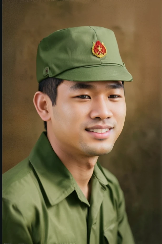 RAW photo of a 30 year old man, wearing a green Vietnamese army shirt, Asian, short black hair, real face, real skin, (photorealistic:1.4), (high detail soft skin:1.2 ), 8k uhd, dslr, soft light, high quality, grain film, Fujifilm XT