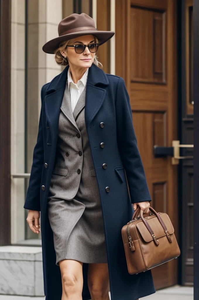 A blonde 40 year old woman with capul glasses, updo hair and brown hat, dark blue long coat, and a large brown briefcase in his right hand