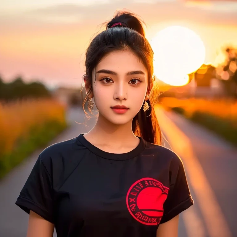 A young woman, Aarav, wears a plaid shirt and stands in front of the house., Portrait in the middle of a shot, Portrait 8 k, instagram post, Southeast Asians with round faces, long hair, ponytail, Photos in Portrait mode, Medium-term portrait, Shot with Sony Alpha, soft Portrait 8 k, Portrait photography, home photography, Shot with Canon EOS R5, Shot with Canon EOS R5, Headshot profile picture