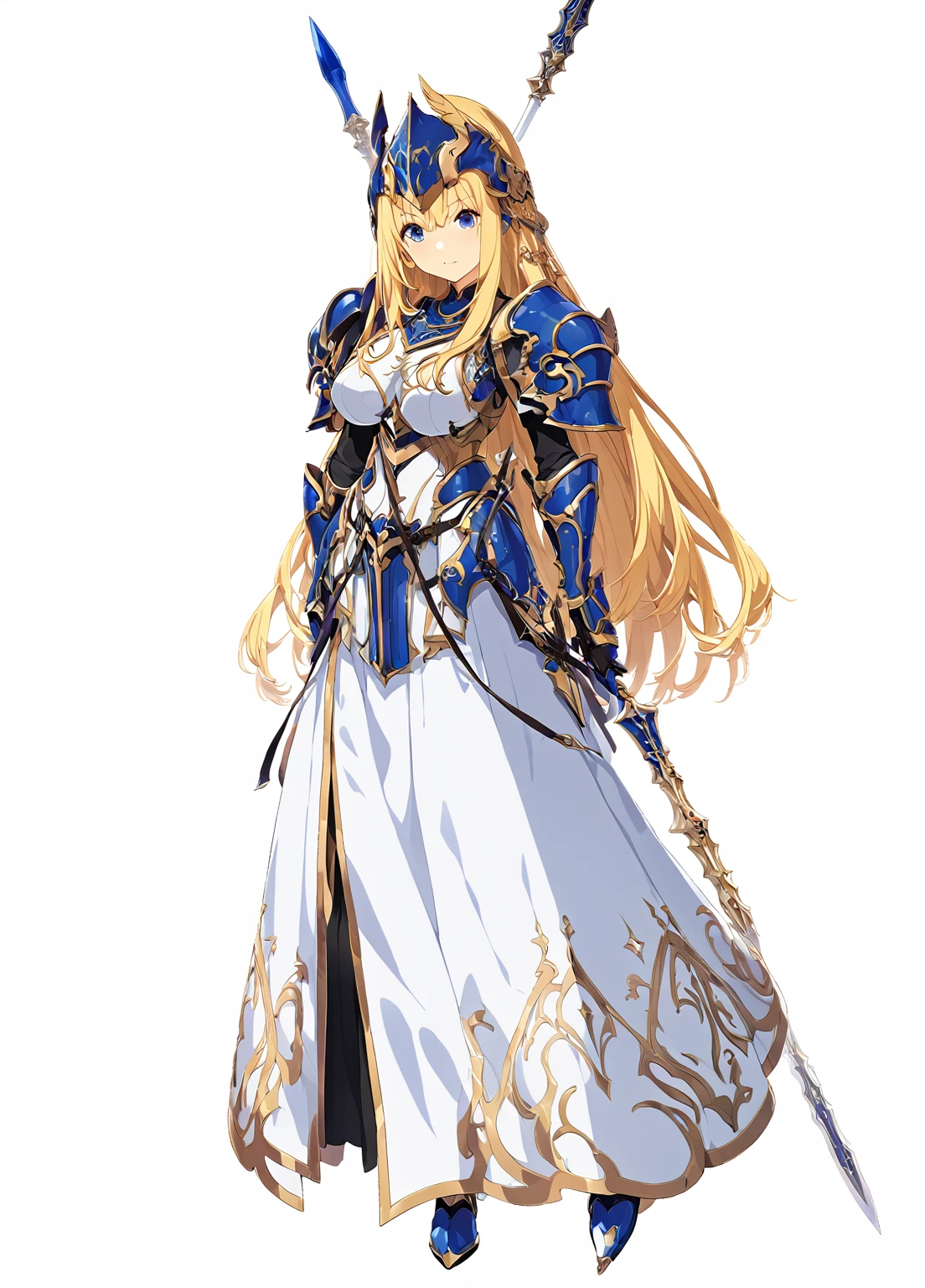 high quality, high resolution, high qualityのゲームアートスタイル, whole body,Valkyrie,perfect hand,Official Art, Smooth game CG art, Visual Novel Sprites, White background,Smooth game CG art, (((Woman with a long spear))),A woman wearing a white dress and blue armor, An intricately designed helmet with white feathers,Small shield, (((In his right hand he holds an elaborate long spear))),Exquisite blue armor,Golden Hair, long hair, female knight, Rin々Shii,Large Bust,20-year-old,