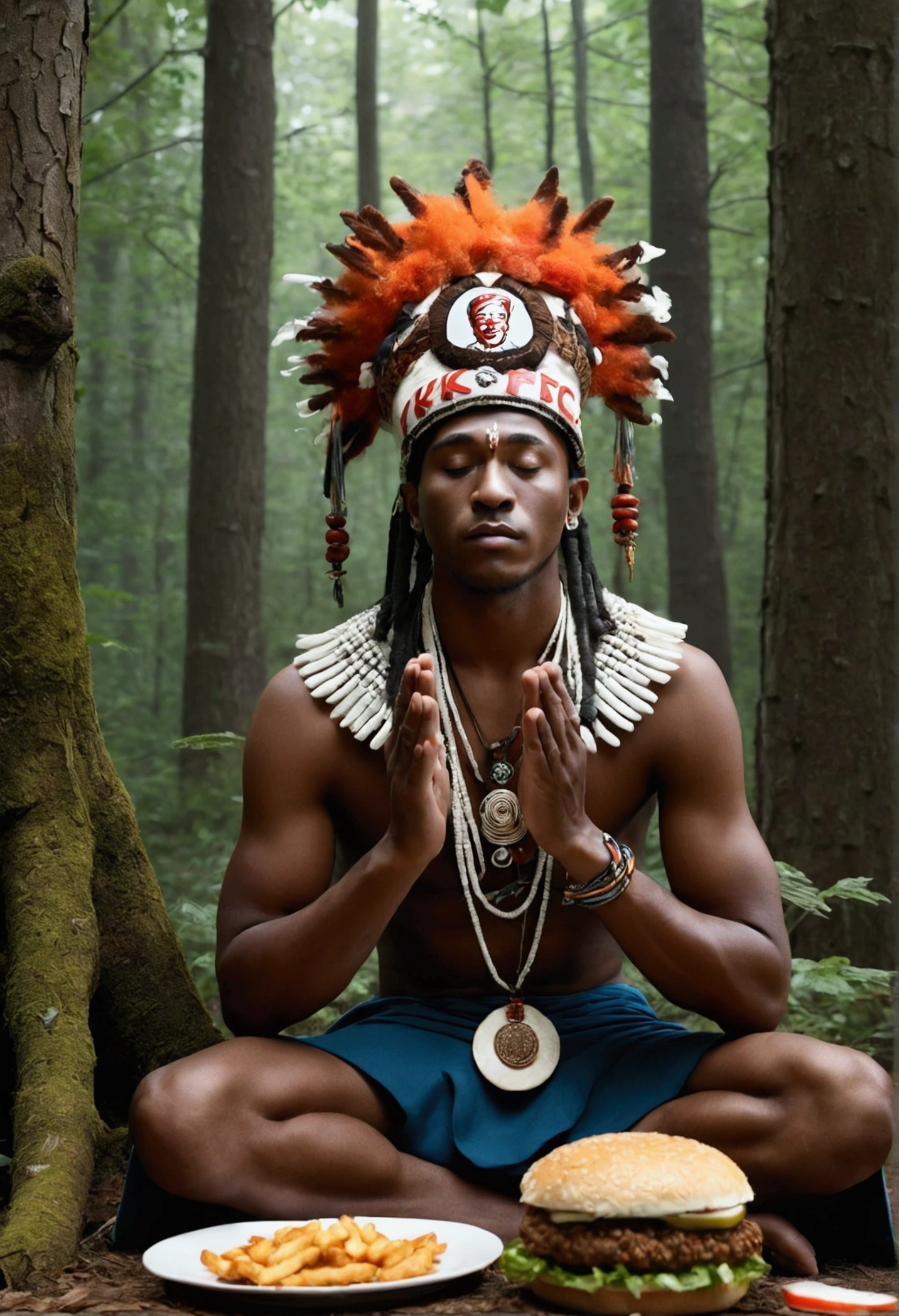 (Best Quality), (super fine), (Masterpiece), illustration, (Young man), In the woods, shaman, Dark skin, wearing shaman's decoration, praying,In front of you is a huge KFC burger.,