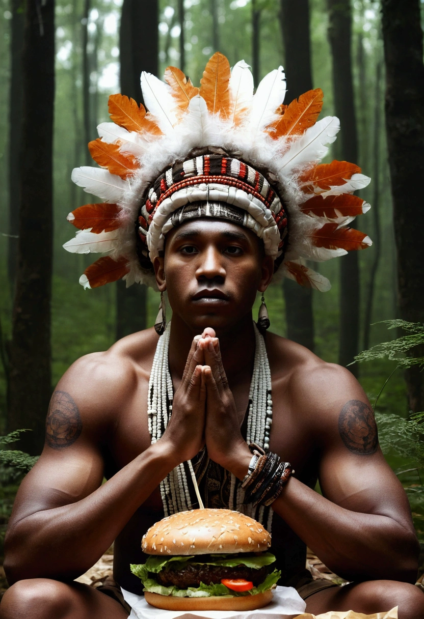 (Best Quality), (super fine), (Masterpiece), illustration, (Young man), In the woods, shaman, Dark skin, wearing shaman's decoration, praying,In front of you is a huge KFC burger.,