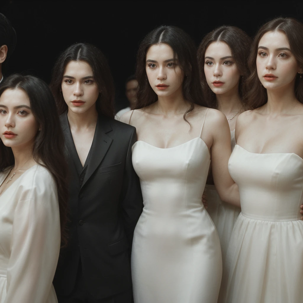 Three men and three women are standing on the opera stage, the three men are wearing black suits and the three women are wearing elegant long white dresses, close up, realistic photo