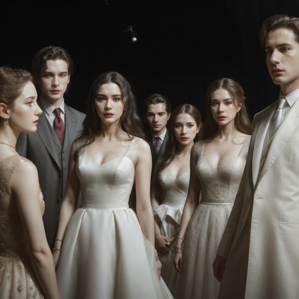 Three men and three women are standing on the opera stage, the three men are wearing black suits and the three women are wearing elegant long white dresses, close up, realistic photo