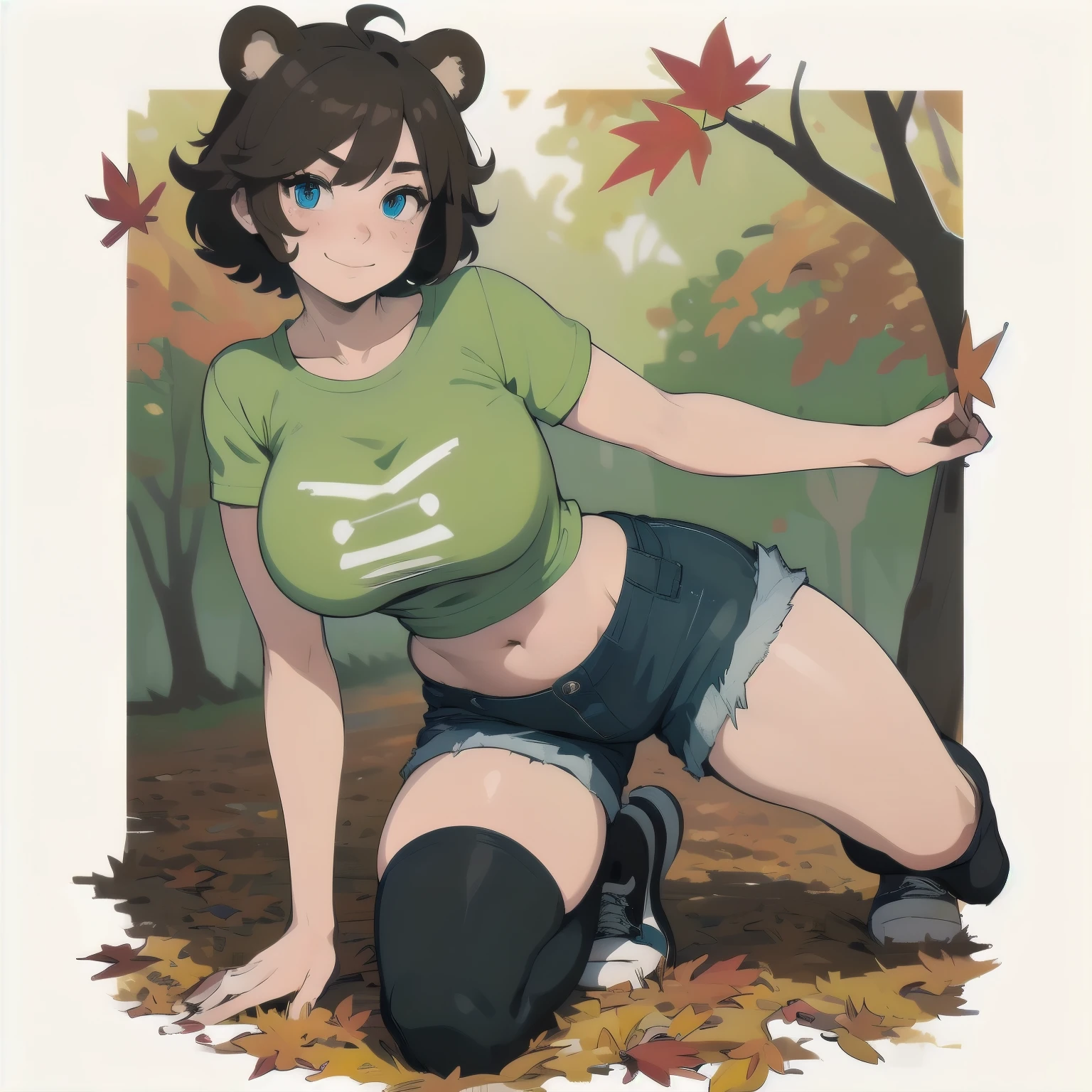 (masterpiece), 1girl, solo, best quality, expressive eyes, perfect face, best quality, kemonomimi, bear ears, animal ears, brown hair, short hair, messy_hair, blue eyes BREAK freckles, completely nude, huge breasts, hips, nipples , pussy, pubic hair, lying on grass, smirk, closed mouth, naughty face, spread legs, looking at viewer, outdoors, grass, daytime, knee socks, white socks BREAK sneakers, full body, 