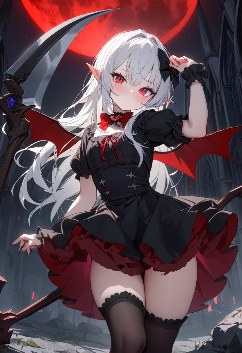 1 Girl Elf, vampire, young, black dress, red right stocking, black left stocking, red eyes, white hair with bow, scythe, against the backdrop of the red moon, abandoned gothic church, night, looking at viewer, cute pose, 8k, masterpiece, high res, ultrasharp